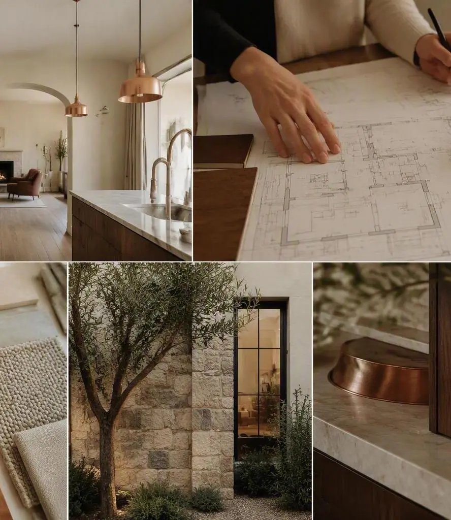 Planche d’ambiance : plans annotés à la main, cuisine lumineuse, matières, mur de pierre et plan de travail